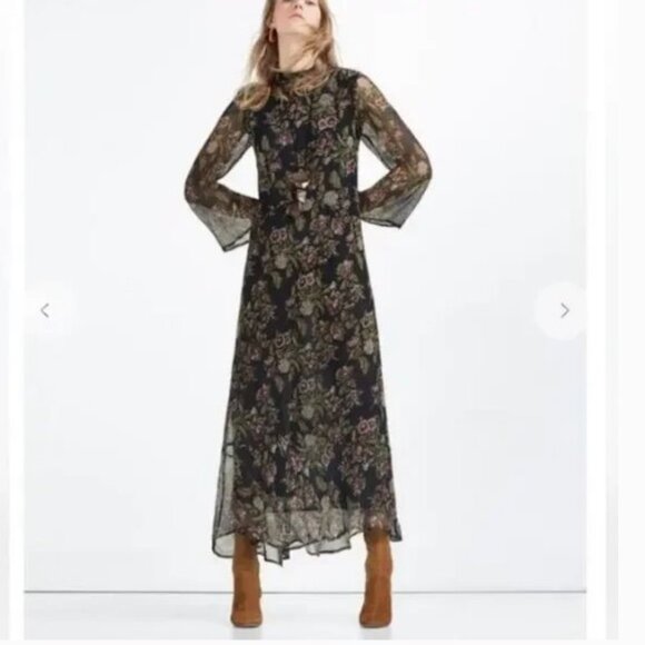 Zara Dark Floral Chiffon Long Dress, S - Picture 1 of 16